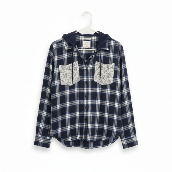 American Eagle Mixed Plaid Hoodie Flannel Shirt Women’s Small - Picture 2 of 6
